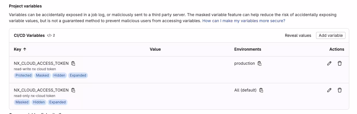 GitLab project variable configuration screen